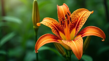 Vibrant orange tiger lily in full bloom with dark spotted petals  yellow center
