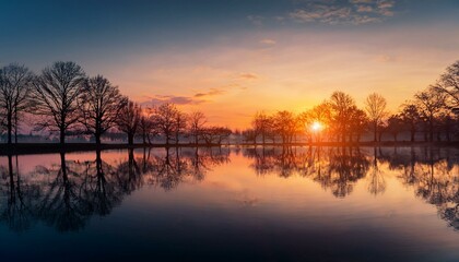 Fototapeta premium beautiful autumn landscape of sunset lake and silhouettes leafless trees in evening park reflection in water fall season atmosphere nature harmony peaceful image