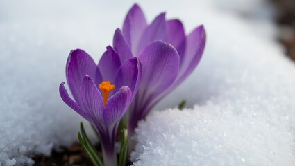 Vibrant purple crocus blooming in snow yellow stamen translucent petals striking contrast