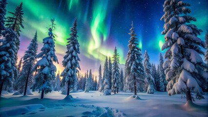 Northern Lights over snowy forest