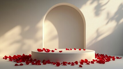 A modern display space adorned with red rose petals in a minimalist white room during daylight