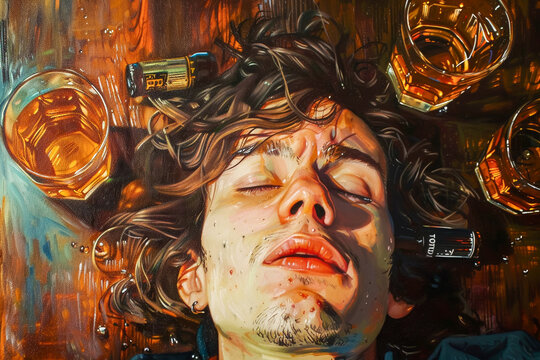 A young man lies unconscious on a wooden surface surrounded by whiskey glasses and alcohol bottles, suggesting intoxication or substance abuse, hangxiety.