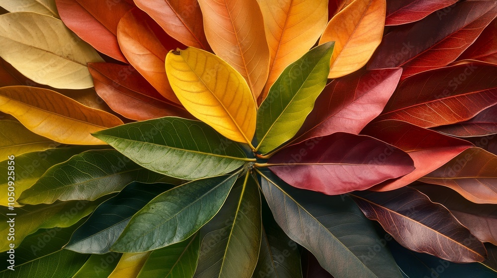 Poster An abstract composition of diverse leaves in various colors arranged in a circular pattern on a plain background, Illustrating ecological diversity and integration, photography style
