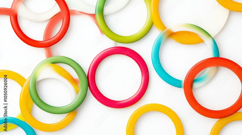 Poster an abstract composition of interconnected circles of different sizes and colors against a seamless w
