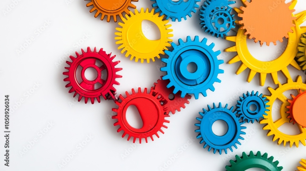 Poster an abstract composition of interconnected gears in various colors against a seamless white backdrop,