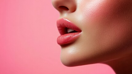 Naklejka premium Close-Up of Glossy Lips on Pink Background