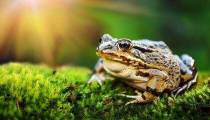 Fototapeta premium frog on green moss close up abstract natural background beautiful wildlife scene portrait of toad amphibian in forest save earth wild nature ecology concept