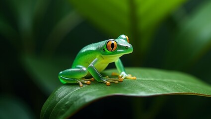 Fototapeta premium Glass frog perched on leaf translucent skin reveals organs golden eyes vibrant green background