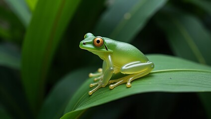 Fototapeta premium Glass frog perched on leaf translucent skin reveals organs golden eyes vibrant green background