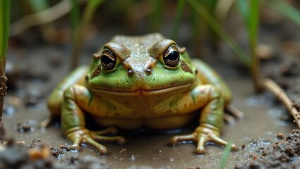 Fototapeta premium Pacman frog camouflaged in muddy habitat with textured skin and bulging eyes