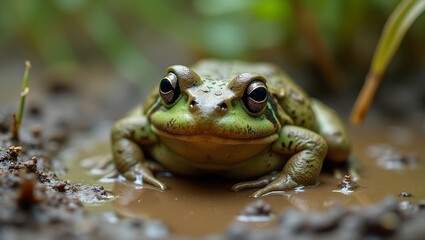 Obraz premium Pacman frog camouflaged in muddy habitat with textured skin and bulging eyes