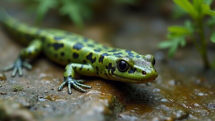 Naklejka premium Marbled newt resting on wet stone camouflaged skin blends into moss covered surface