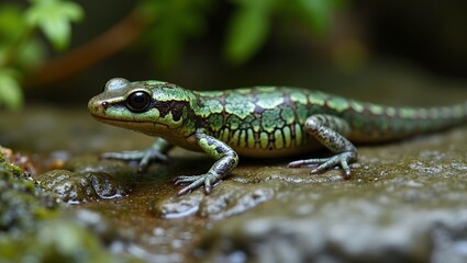 Fototapeta premium Marbled newt resting on wet stone camouflaged skin blends into moss covered surface