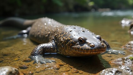 Japanese giant salamander blending in rocky riverbed with textured skin and stoic expression