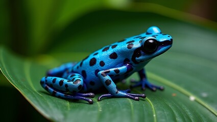 Obraz premium Vibrant blue poison dart frog on tropical leaf in lush jungle setting
