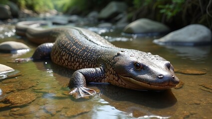 Fototapeta premium Japanese giant salamander blending in rocky riverbed with textured skin and stoic expression