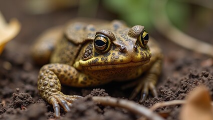Obraz premium Macro shot of wise toad in moist soil warty skin golden eyes earthy background