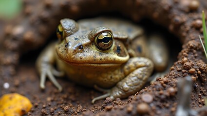 Obraz premium Macro shot of wise toad in moist soil warty skin golden eyes earthy background