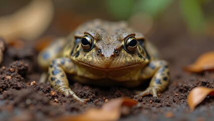 Obraz premium Macro shot of wise toad in moist soil warty skin golden eyes earthy background