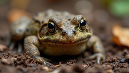 Macro shot of wise toad in moist soil warty skin golden eyes earthy background