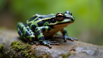 Fototapeta premium Ornate chorus frog on mossy rock in soft focus nature background