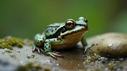 Obraz premium Ornate chorus frog on mossy rock in soft focus nature background
