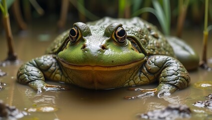 Obraz premium Majestic bullfrog in murky pond with olive green skin golden eyes and muscular body