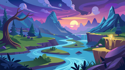 A serene river flows through lush mountains during an enchanting sunset in a magical landscape