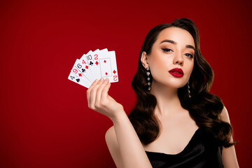 Charming glamour tempting lady poker shark poker bet vip club isolated on red color background
