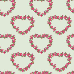 Seamless pattern with hearts made of red roses painted with watercolors. Hearts of roses in a seamless illustration. Idea for decorating holidays and creating prints.