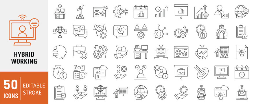 Hybrid working line editable icon set. Containing icons: remote work, flexibility, office, home, collaboration, technology, communication and more. Vector illustration.