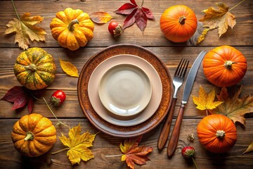 Fototapeta premium Top View of Autumn Table Setting with Empty Plate, Pumpkins, and Leaves