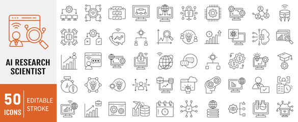 AI research scientist icon collection. Containing artificial intelligence, machine learning, algorithm, data analysis icon. Simple line vector illustration.