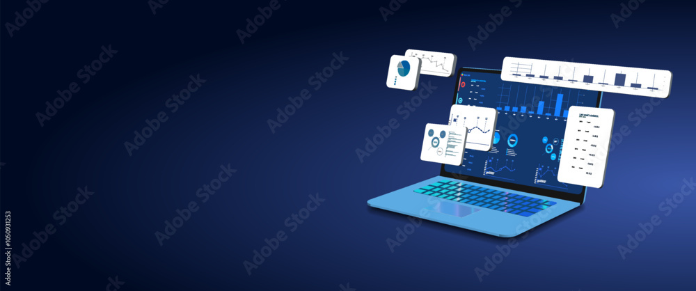 Poster a laptop displaying various data visualizations and analytical tools against a deep blue background 