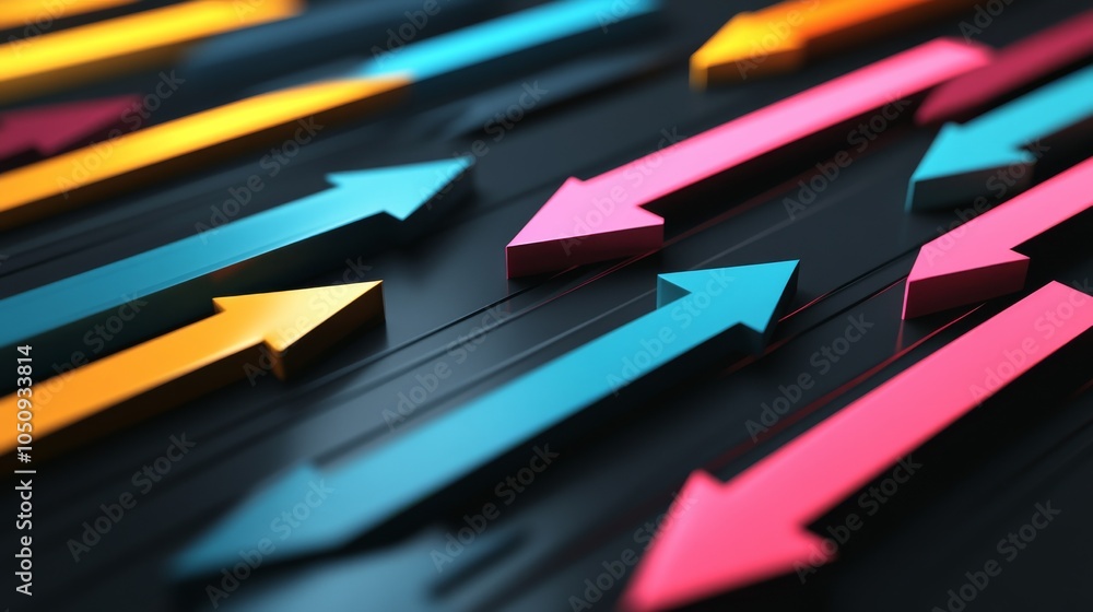 Poster An abstract representation of equitable progress, depicting a series of differently sized and colored arrows moving together towards a common goal