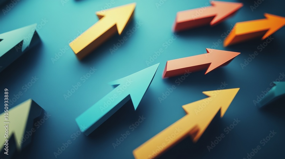 Poster An abstract representation of equitable progress, depicting a series of differently sized and colored arrows moving together towards a common goal