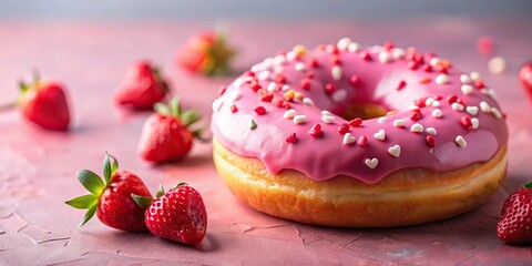 Valentine pink donut with strawberry frosting and heart decorations macro