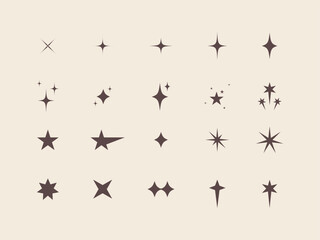 Shining stars set. Different sparkle star shape collection. Isolated vector retro icons