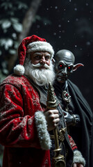 Obraz premium A man dressed as Santa Claus holding a sword next to a goblin
