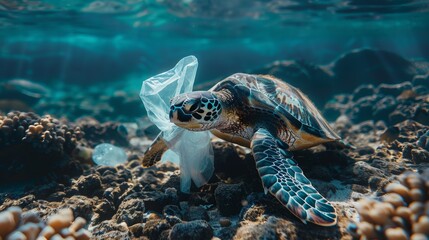 Obraz premium An Inspiring Hawksbill Turtle Encounter Among Marine Rocks, Sea Debris, and Vibrant Aquatic Life Forms