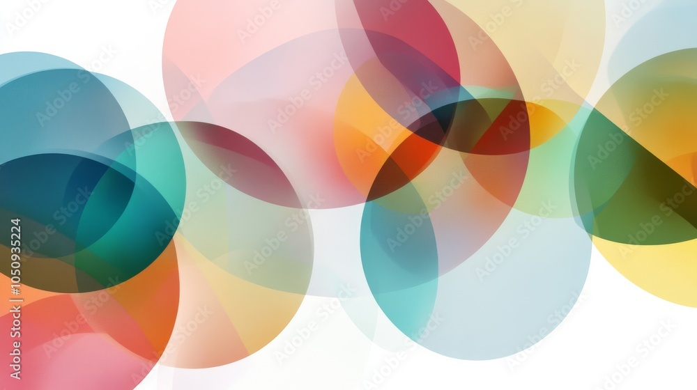 Poster An abstract representation of social inclusion, featuring a series of overlapping circles with different colors blending into each other, Representing the seamless integration of diverse social groups