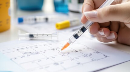 Close-up of a Hand Holding a Syringe Over a Calendar
