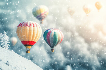 Obraz premium Colorful hot air balloons flying on snow hill in blizzard.
