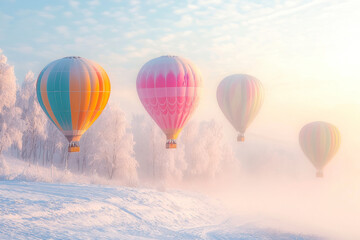 Obraz premium Colorful hot air balloons flying on snow hill in blizzard.