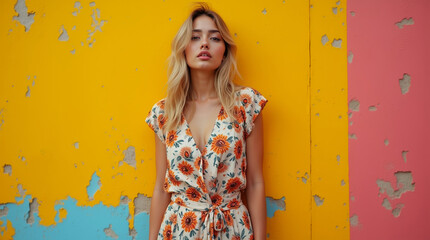 Fototapeta premium Confident woman posing against a colorful, peeling wall. Fashion meets urban decay in a bold and contrasting visual