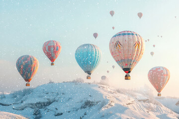 Obraz premium Colorful hot air balloons flying on snow hill in blizzard.