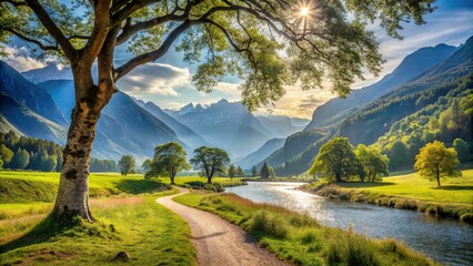 Valley scenery with mountains, river, path under tree