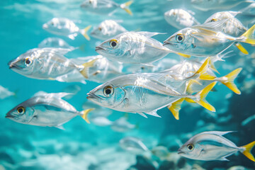 Fototapeta premium Fish school of scad fish in the shallow reef.