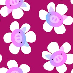 Farm animals seamless pigs and flowers pattern for wrapping paper and fabrics