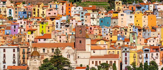 Obraz premium Colorful picturesque buildings of the historic town center of Bosa. Oristano, Sardinia, Italy